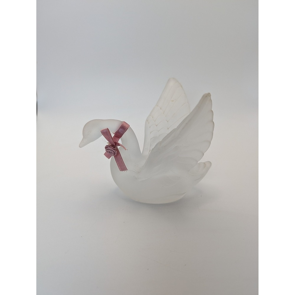 Frosted Glass Swan Figurine Pink Ribbon Rosette Accent White Bird Decor 5 inch